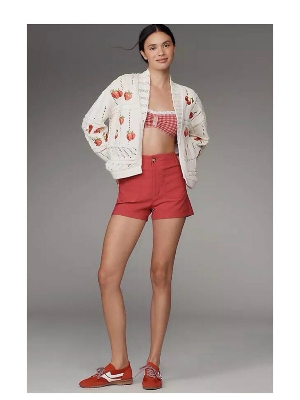Maeve White Open-Knit Strawberry Cardigan